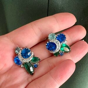 Vintage 50s Blue & Green Rhinestone Crystal Moon Cluster Clip on Earrings